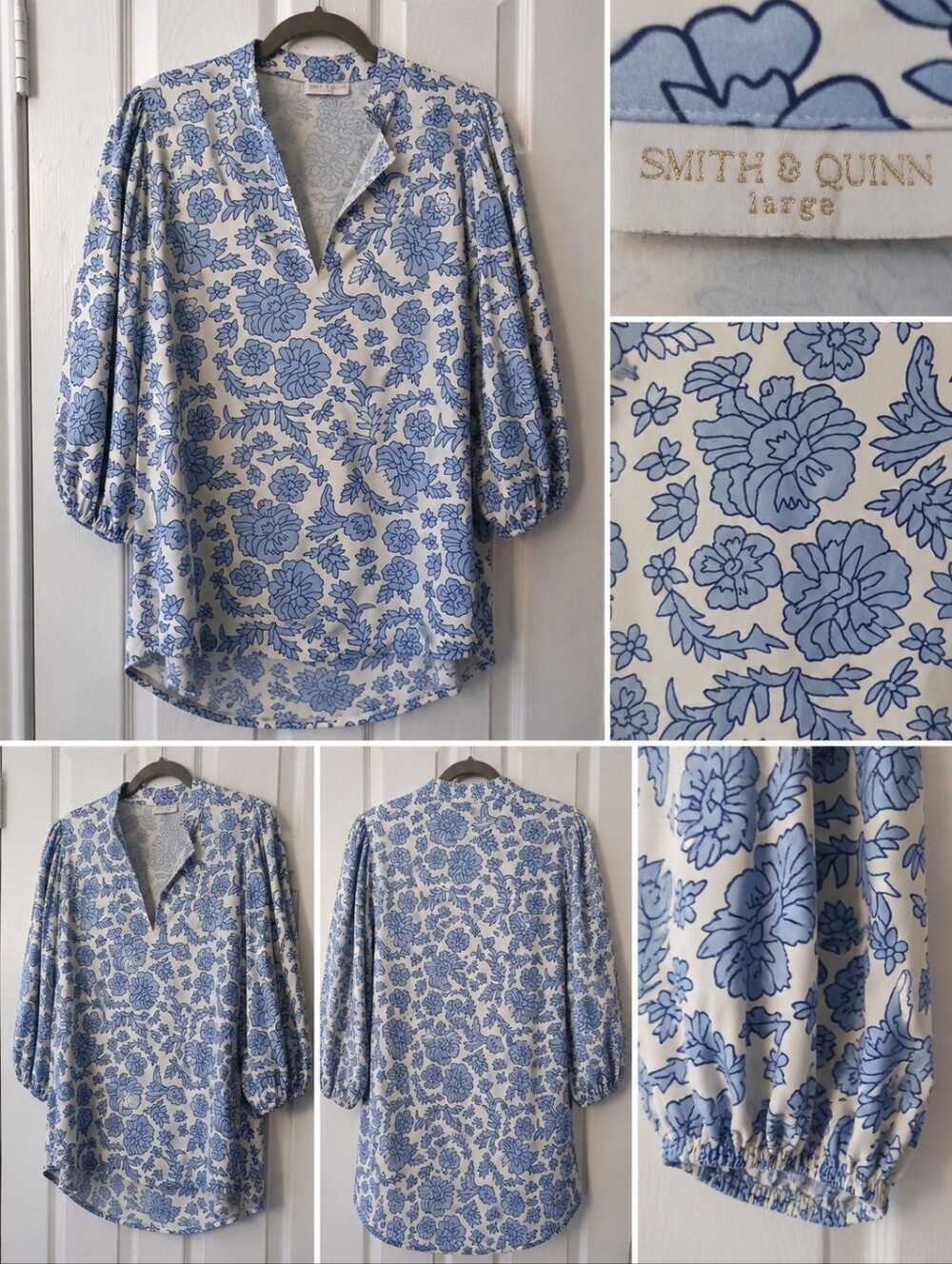 Smith & Quinn Eliza Top | Blue Floral V-Neck Blouse | 3/4 Sleeve | Large - Picture 4 of 7